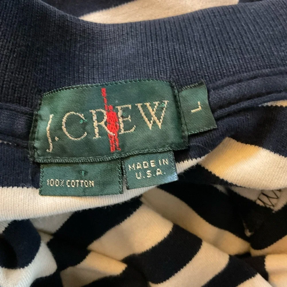 J.Crew Men’s Polo Shirt Navy Blue Cream Stripe Short Sleeve Size L Nautical Prep
